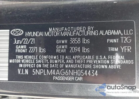 2022 Hyundai Elantra Sel z USA, uszkodzony, nr VIN 5NPLM4AG6NH054434